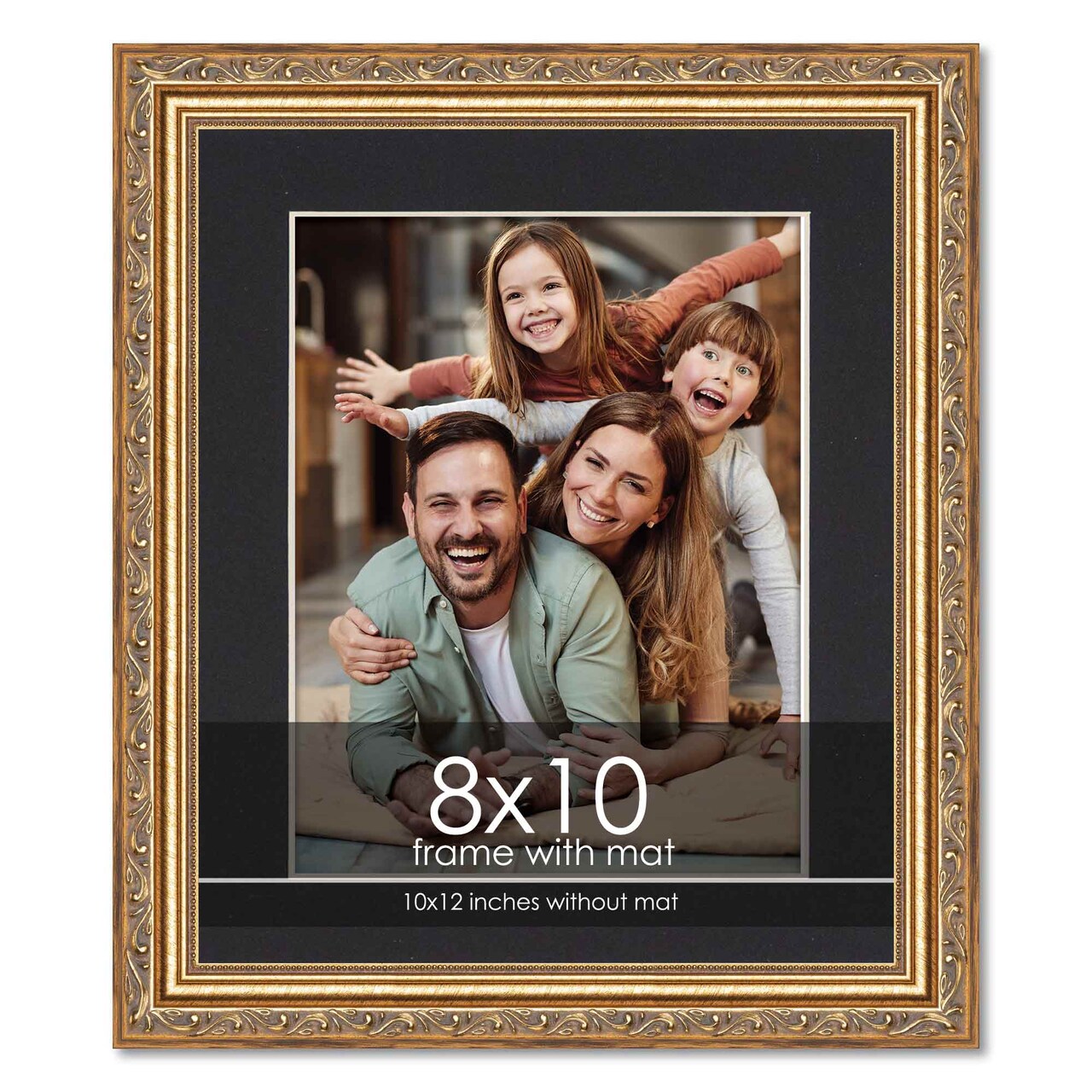 Antique Gold Frame with Black Photo Mat, UV Acrylic Front, Foam Board Backing, 60 Sizes Available